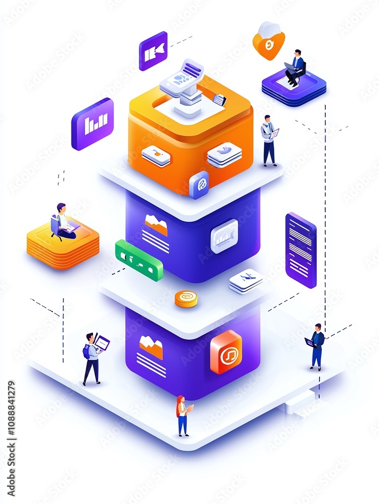 Aufkleber isometric illustration of people working on a stack of cubes with different app icons.