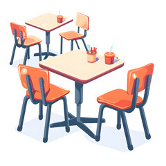 Fototapeta premium modern school cafeteria with empty seats and tables with a white accent, png