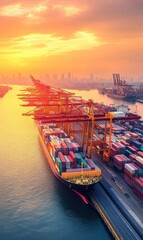 Breathtaking Sunset Over a Busy Shipping Port with Vibrant Containers Ready for Transport and Logistics Operations