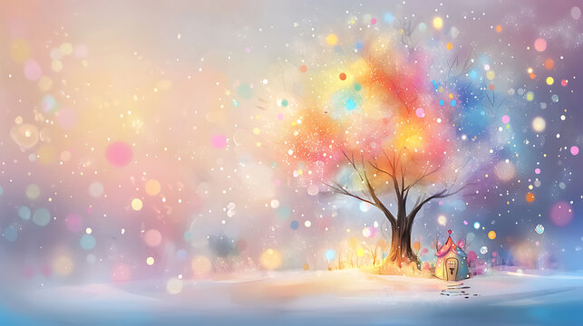 whimsical tree illustration with colorful bokeh lights and cozy house, creating magical winter scene filled with joy and wonder