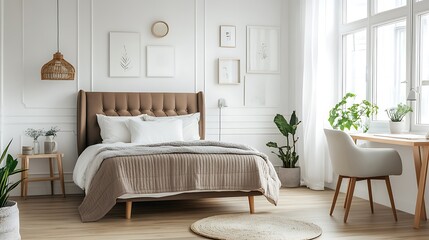 Beautiful Colored Mockup Bedroom Interior Blank Poster Decoration Art Background Image, generative AI