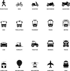 Air, Auto, Railway Transport Silhouette Icon Set. Public Transport Glyph Pictogram. Car, Bike, Motorbike, Quad bike, Scooter, Truck, Bus, Tram, Train, Metro, Ship, Plane, Icon. Isolated Vector