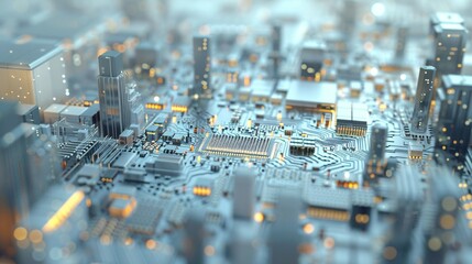 Close-up of semiconductor chip with detailed electronic components and circuits on clean white background, ideal for tech and engineering projects.