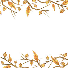 Bare tree branches, autumn leaves, square frame for postcards and invitations. All objects are hand-drawn with yellow and brown watercolor. Suitable for printing and scrapbooking.