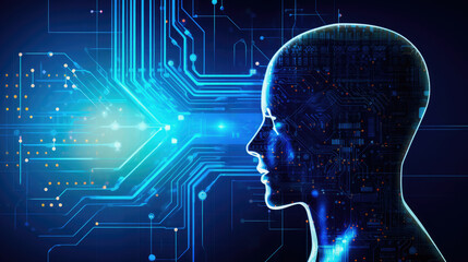 Digital profile of a human silhouette with circuitry display and glowing elements on a dark background. Generative AI