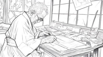 elderly craftsman focuses intently on carving wood in traditional workshop, surrounded by tools and materials. serene atmosphere reflects dedication and artistry