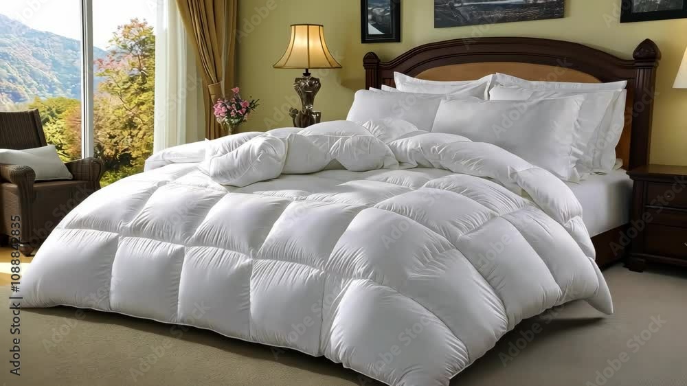 Poster white comforter neatly arranged on a king-size bed near a window overlooking a mountain view