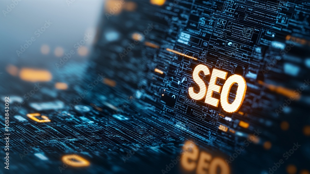 Poster vibrant digital illustration highlighting seo concepts with keywords and data visualization elements