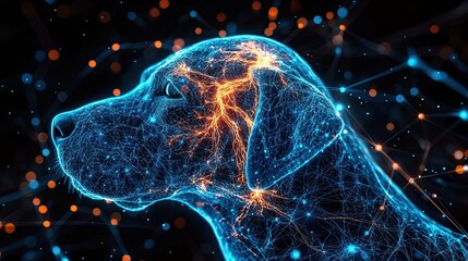 Anatomical features and neurological connections are highlighted in this digital representation of a dog's nervous system with brain overlay on a black background.