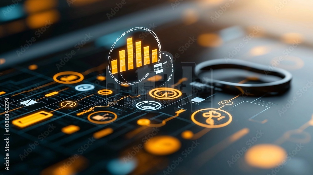 Poster futuristic 3d illustration of data visualization and analytics with graphs and icons representing te
