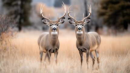 Fototapeta premium Two male deer with antlers standing in a field of tall golden grass, with blurred trees in the background during a cloudy day.