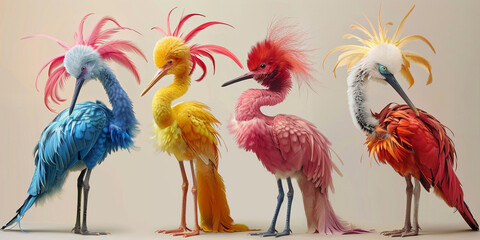 Obraz premium Five colorful, stylized birds with plume-like feathers standing in a row.