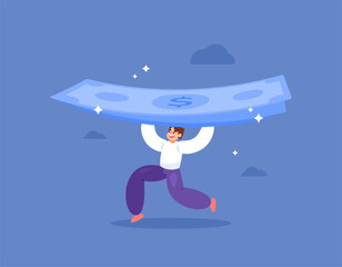 concept of getting prizes, money, cashback, and bonuses. jackpot prizes, big profits, rich. illustration of a happy businessman because he got banknotes. flat style design. elements