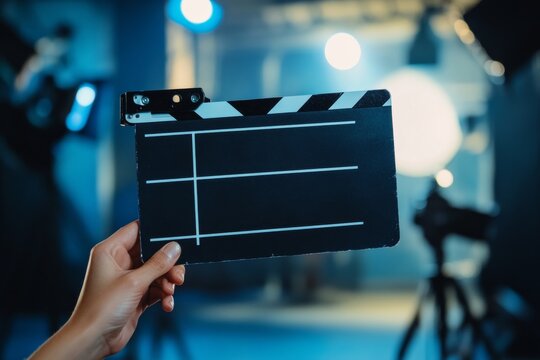 Hand holding clapperboard with blurred studio background for cinematic film production scene