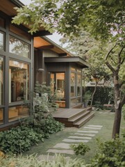 Fototapeta premium Modern Contemporary Home with Floor-to-Ceiling Windows and Beautiful Landscaping
