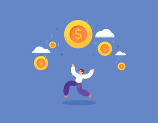 concept of getting prizes, money, cashback, and bonuses. jackpot prize, big profit, rich. illustration of a happy businessman because of the rain of coins. flat style design. elements