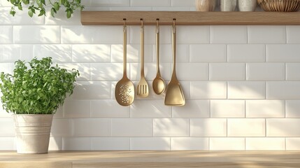 Kitchen utensils, wood, plant. Generative AI