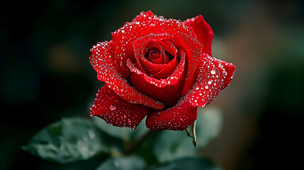 A Dew-Kissed Red Rose Blooms Vibrantly in Dark Green Garden