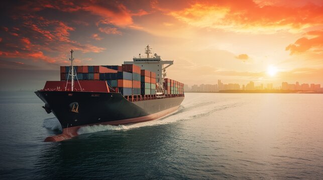 Majestic Cargo Ship Sailing at Sunset, Captured in a Serene Ocean Scene with Vibrant Sky and Calm Waters Highlighting Global Trade Activities