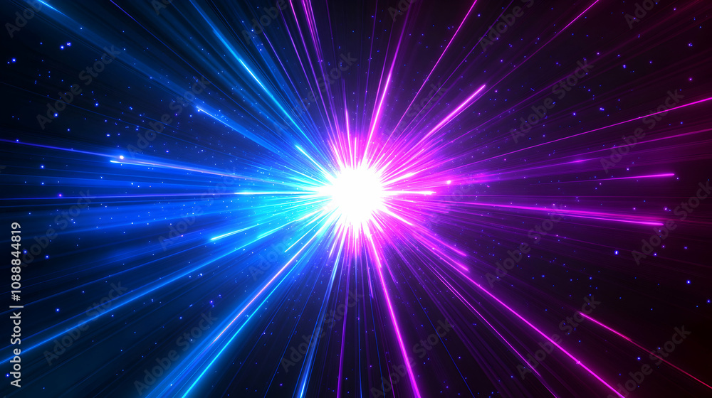 Poster abstract 3d digital art: bright neon rays explode from central light source, creating a vivid, energ