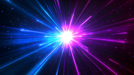 Abstract 3D Digital Art: Bright Neon Rays Explode from Central Light Source, Creating a Vivid, Energetic Background.