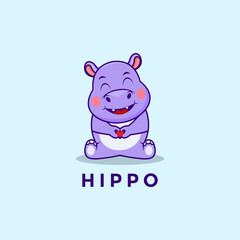 Cute Hippo sitting and hands forming love vector icon, hippo cartoon icon logo vector template
