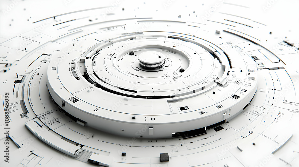 Poster abstract 3d render of white futuristic technology circular structure with intricate details