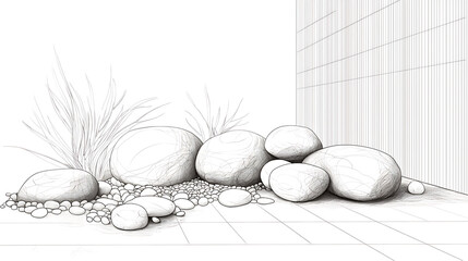 Obraz premium Line art of Japanese rock garden featuring large stones and pebbles, creating serene and minimalist landscape. design emphasizes tranquility and simplicity