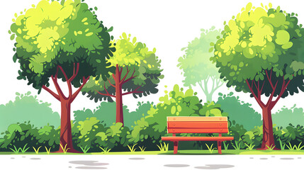background of beautiful summer park with trees, bushes and cozy bench. good place vector illustration with a white accent, vintage, png
