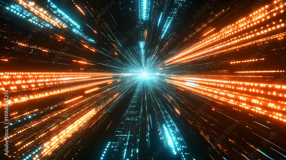 Poster abstract 3d digital tunnel: glowing orange and teal light streaks converge at a bright center point,