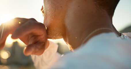 Chin, hand and sweating with sports person outdoor in nature closeup for exercise or fitness....