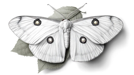Naklejka premium detailed line art illustration of Japanese silk moth resting on mulberry leaf, showcasing its intricate features and delicate wings. artwork captures beauty and elegance of this unique insect