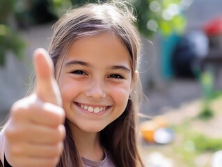 Smiling girl with thumb raised, conveying joy and approval.