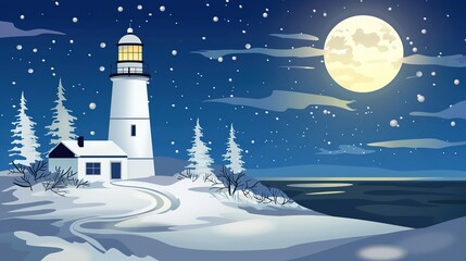 Naklejka premium Guiding Light: The Lighthouse’s Role in Winter Night