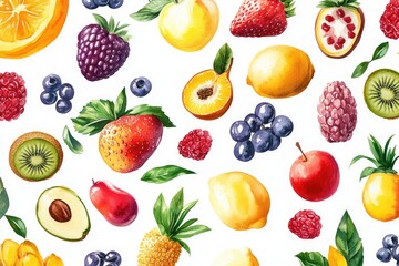 An image of fresh fruits in a patterned illustration.