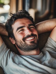 Happy Man Resting with Hand Under Chin