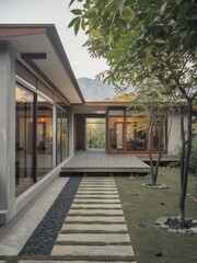 Fototapeta premium Modern Contemporary Home with Floor-to-Ceiling Windows and Beautiful Landscaping