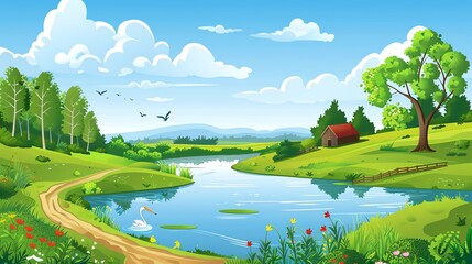 A cartoon illustration of a peaceful countryside scene with a winding river, a farmhouse, green hills, and birds flying in the blue sky.
