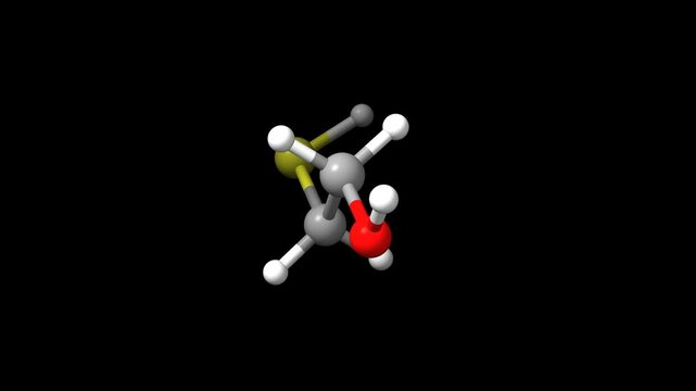 Structure of 2-mercaptoethanol. Animated 3D ball-and-stick, surface, and space-filled models, black background.