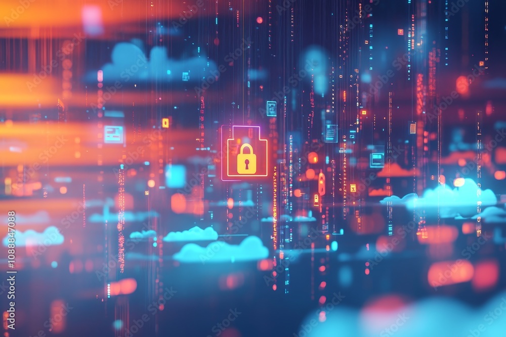 Poster vibrant digital art featuring cybersecurity symbols around an internet icon with speed and data flow