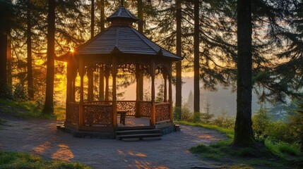 Traditional wooden gazebo with intricate carvings, surrounded by tall trees, golden hour lighting