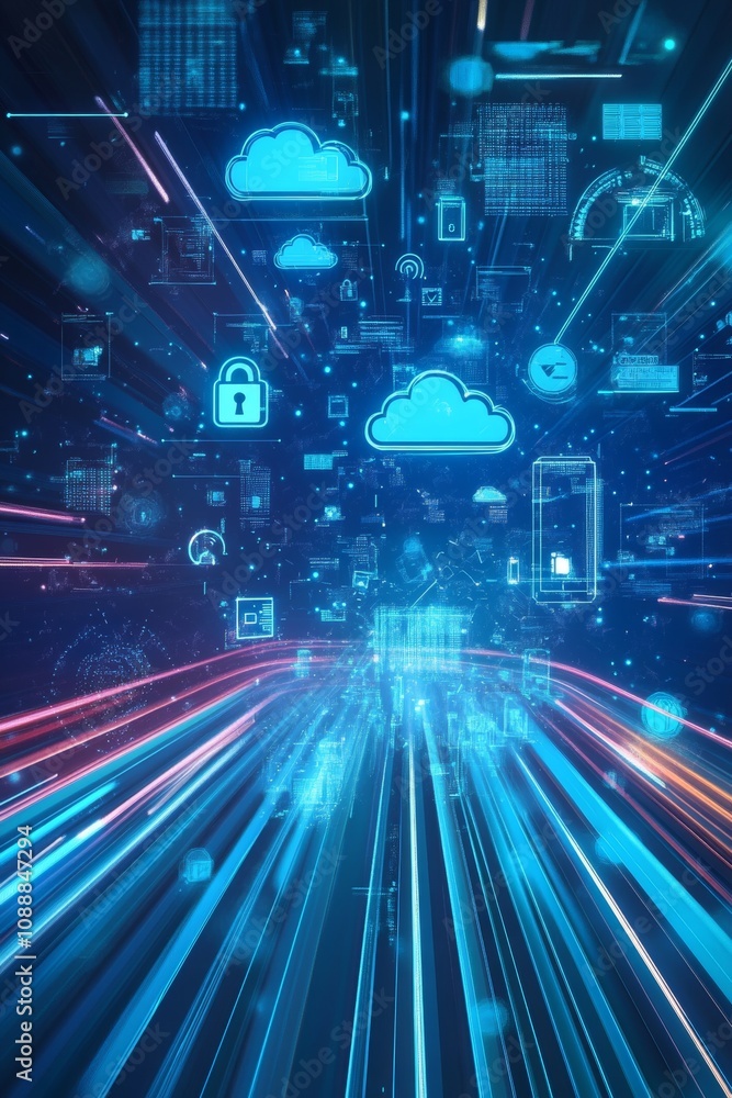 Poster futuristic digital illustration of data security symbols and speed graphics in a blue background