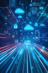 Futuristic digital illustration of data security symbols and speed graphics in a blue background