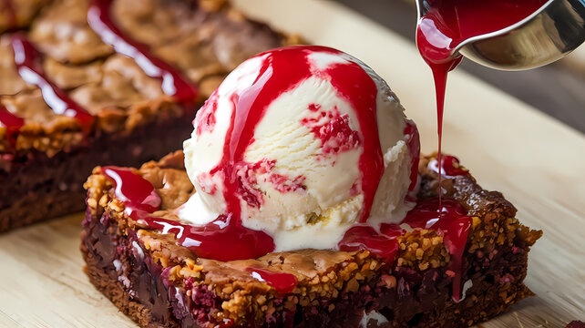 Warm brownie topped with vanilla ice cream and drizzled with raspberry sauce.