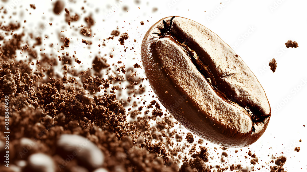 Poster 3d render of coffee bean exploding into ground coffee, abstract background image with brown tones