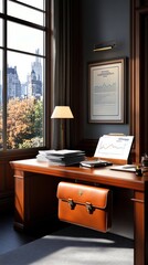 Classic Dark Wood Office Setup Against Modern City Sky