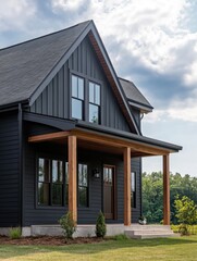 Newly built modern two-story house with contrasting black siding and wooden front porch, set in a rural residential area.