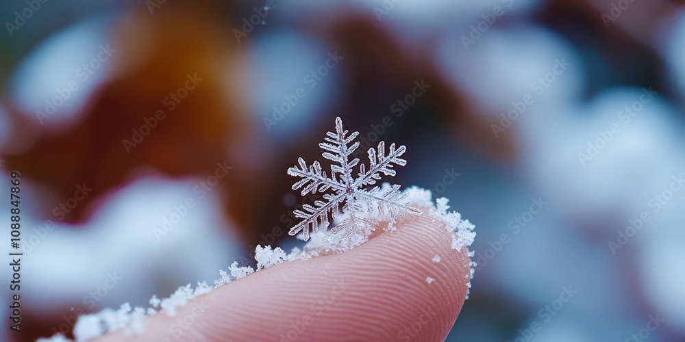 Poster a snowflake is captured in a person's hand