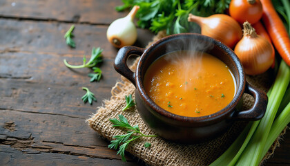 Rustic soup background, textured wooden surface with hand-arranged soup ingredients like onions, carrots, and celery around a steaming pot, earthy and natural