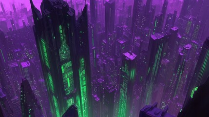 Futuristic city at night, purple and green glow.